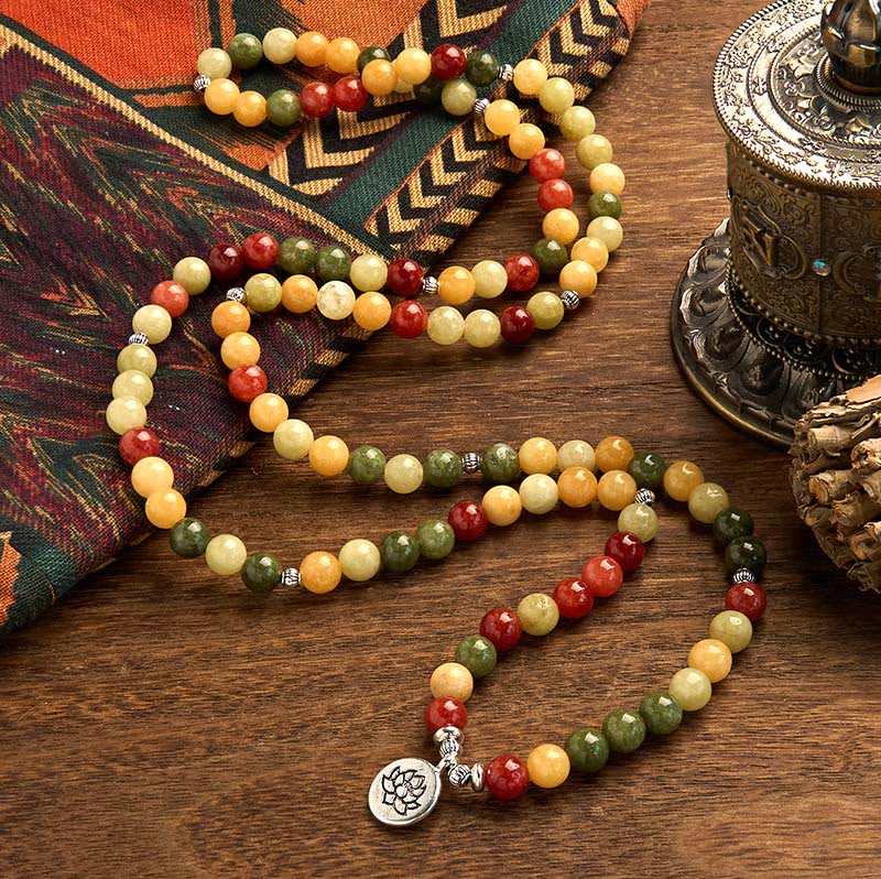 Nimara Ritual 108 Mala Beads Natural Colored Stone Topaz Red Jasper Green Jasper Lotus Protection Bracelet