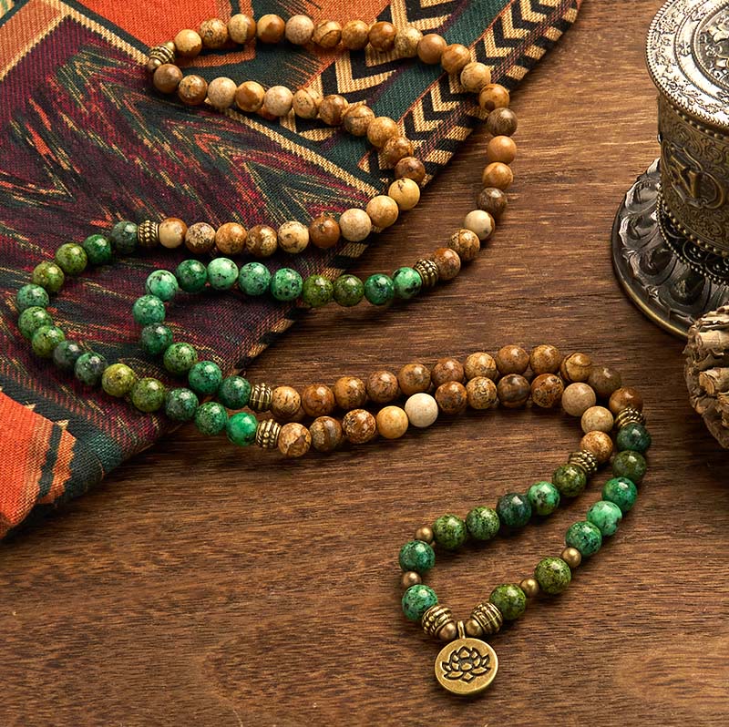 Nimara Ritual 108 Mala Beads Natural Stone Picture Jasper Turquoise Lotus Positive Bracelet