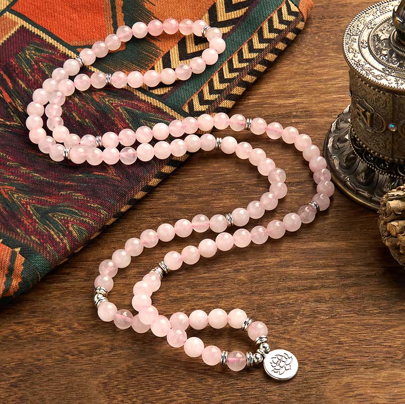 Nimara Ritual 108 Mala Beads Natural Stone Rose Quartz Lotus Peace Bracelet