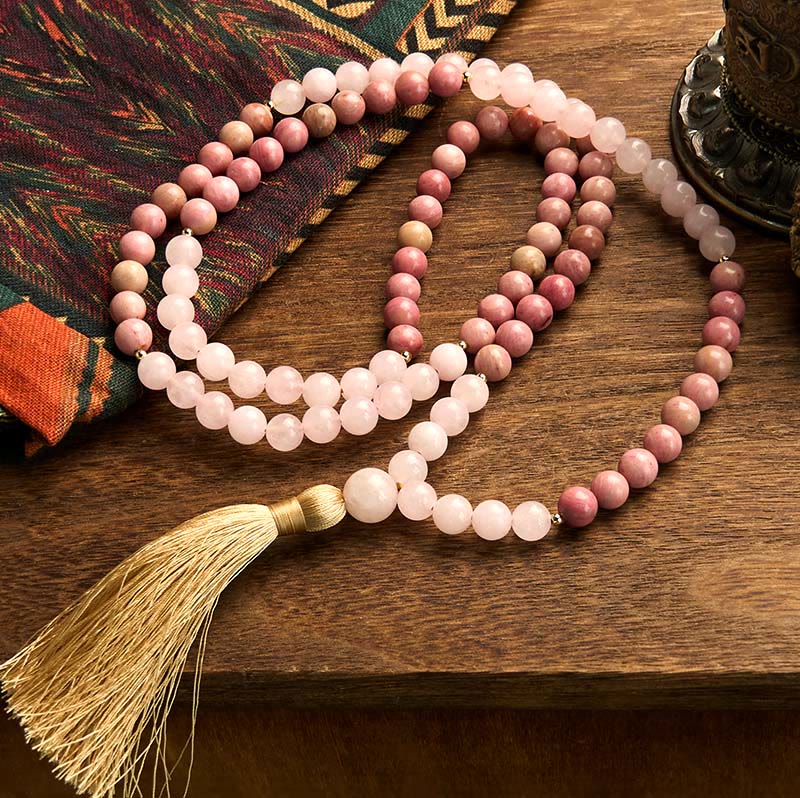 Nimara Ritual 108 Mala Beads Rhodonite Rose Quartz Tassel Healing Bracelet