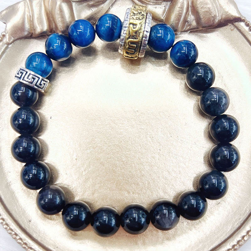 Nimara Ritual Silver Sheen Obsidian Blue Tiger Eye Om Mani Padme Hum Protection Bracelet