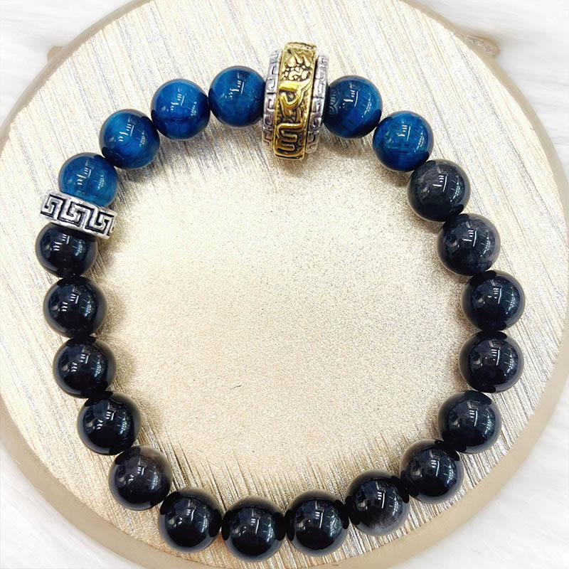 Nimara Ritual Silver Sheen Obsidian Blue Tiger Eye Om Mani Padme Hum Protection Bracelet