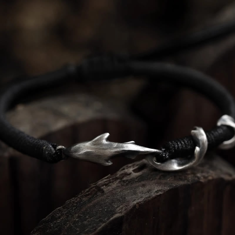 Nimara Ritual 999 Sterling Silver Shark Black Wax Rope Protection Bracelet