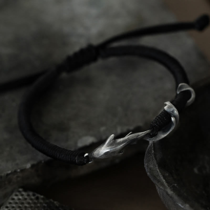 Nimara Ritual 999 Sterling Silver Shark Black Wax Rope Protection Bracelet