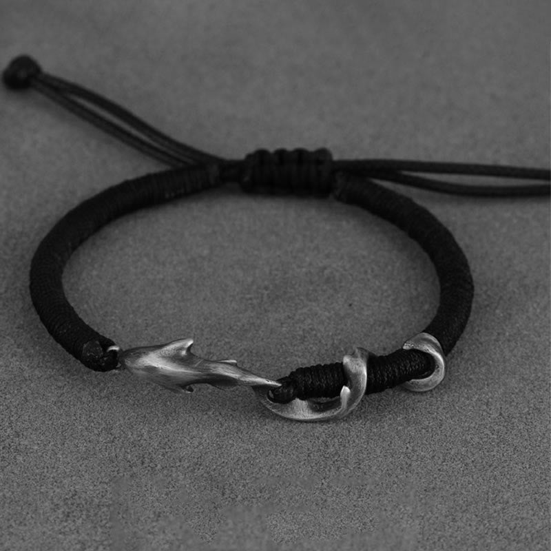 Nimara Ritual 999 Sterling Silver Shark Black Wax Rope Protection Bracelet