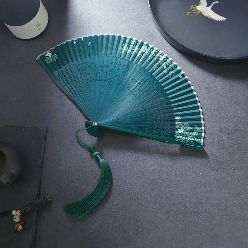 Nimara Ritual Flower Plain Handheld Polyester Tassel Bamboo Folding Fan 21cm
