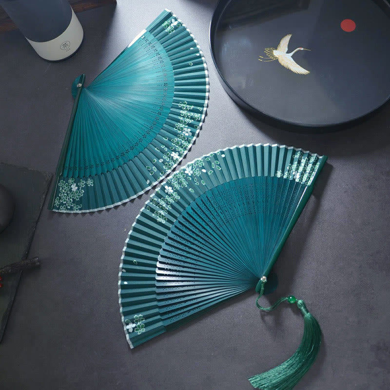 Nimara Ritual Flower Plain Handheld Polyester Tassel Bamboo Folding Fan 21cm