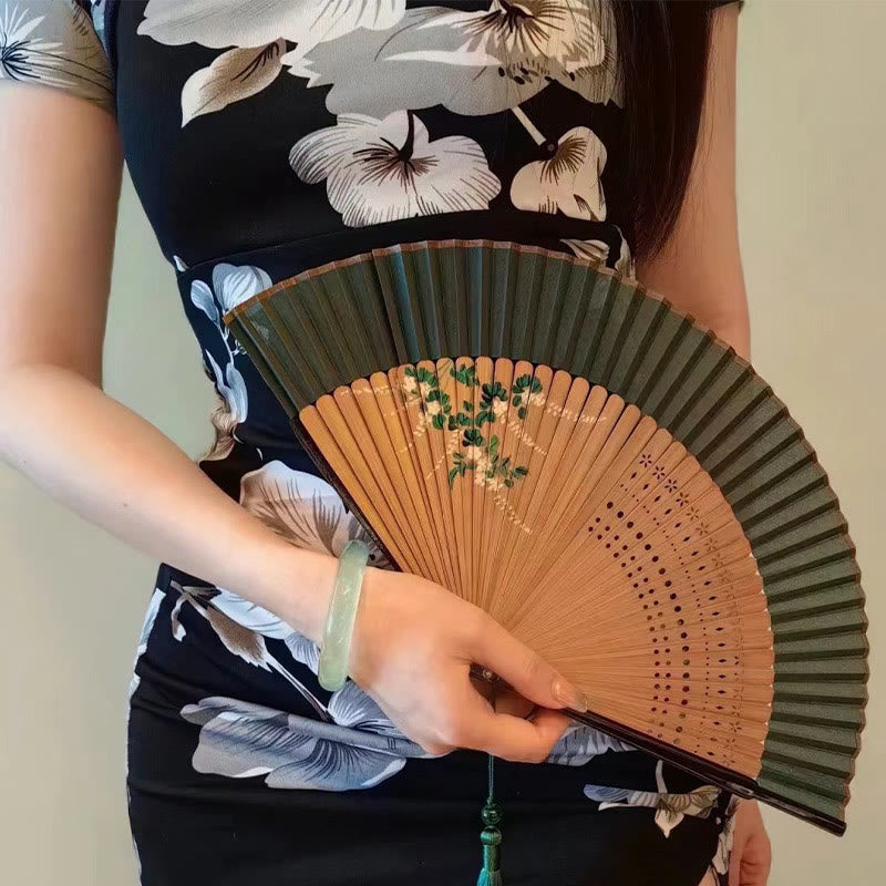 Nimara Ritual Flower Plain Handheld Polyester Tassel Bamboo Folding Fan 21cm