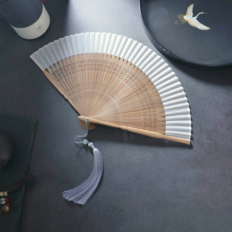 Nimara Ritual Flower Plain Handheld Polyester Tassel Bamboo Folding Fan 21cm