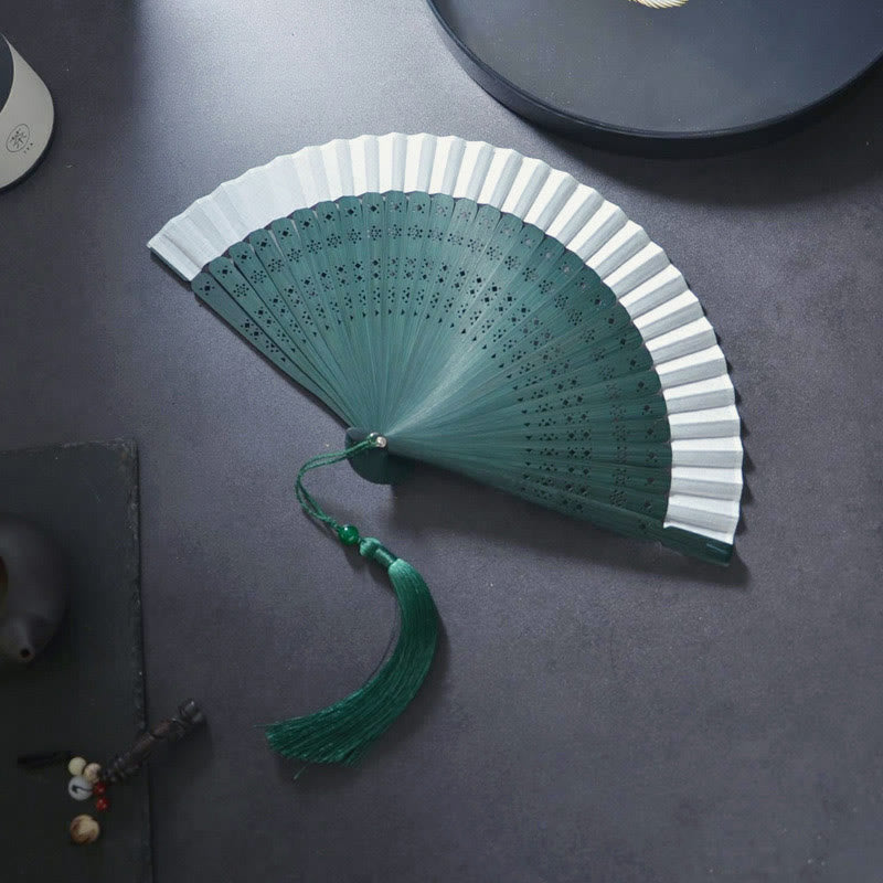 Nimara Ritual Flower Plain Handheld Polyester Tassel Bamboo Folding Fan 21cm