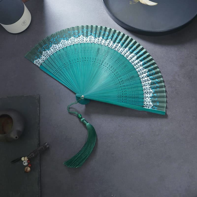 Nimara Ritual Flower Plain Handheld Polyester Tassel Bamboo Folding Fan 21cm