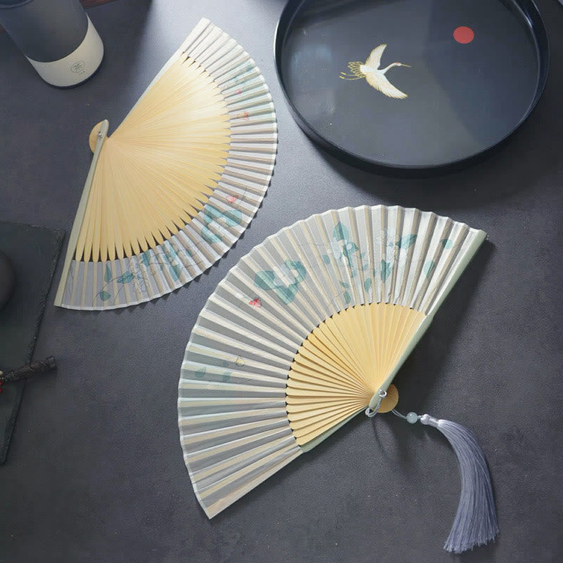 Nimara Ritual Gardenia Cherry Blossom Moon Handheld Polyester Bamboo Folding Fan 21cm