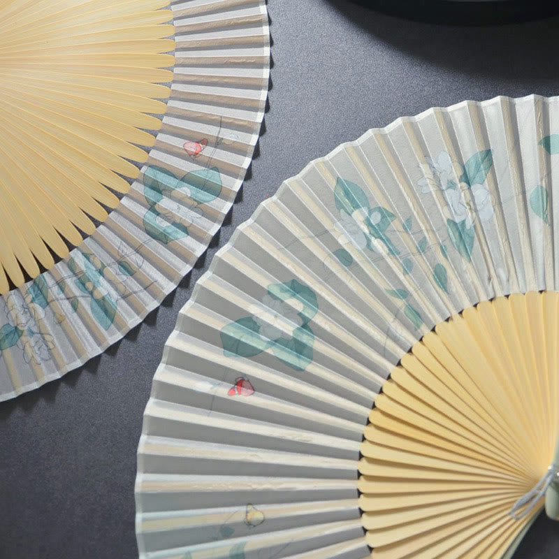 Nimara Ritual Gardenia Cherry Blossom Moon Handheld Polyester Bamboo Folding Fan 21cm
