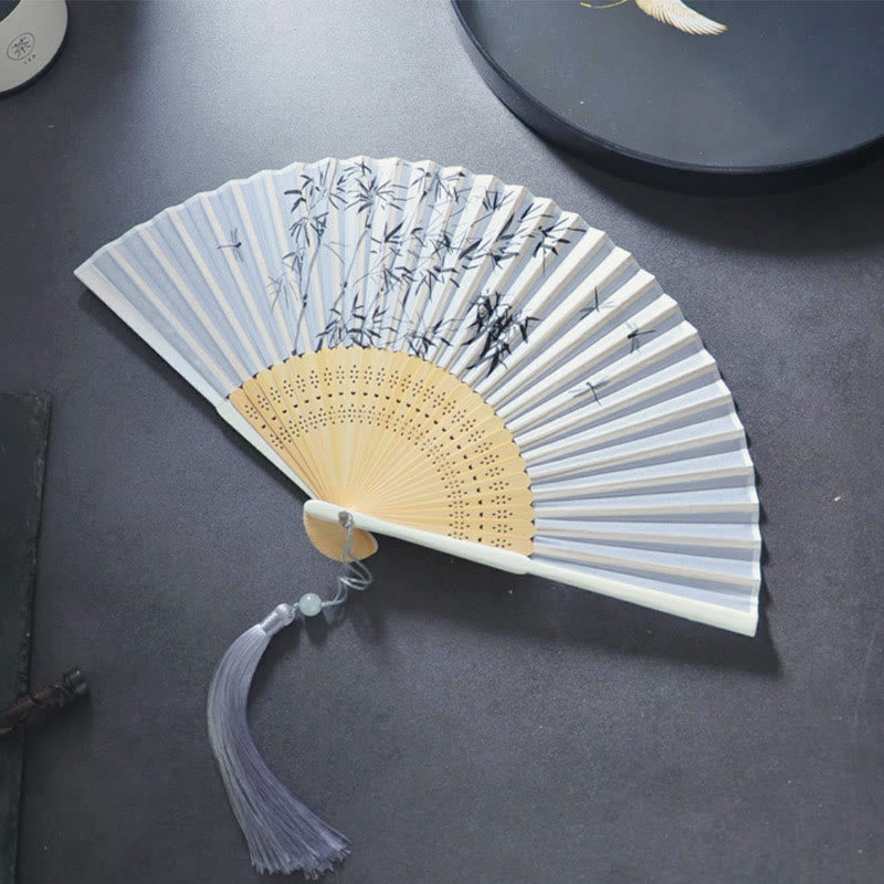 Nimara Ritual Gardenia Cherry Blossom Moon Handheld Polyester Bamboo Folding Fan 21cm
