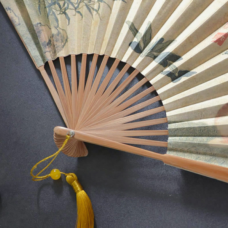 Nimara Ritual Butterfly Cat Flower Handheld Cotton Linen Fabric Bamboo Folding Fan