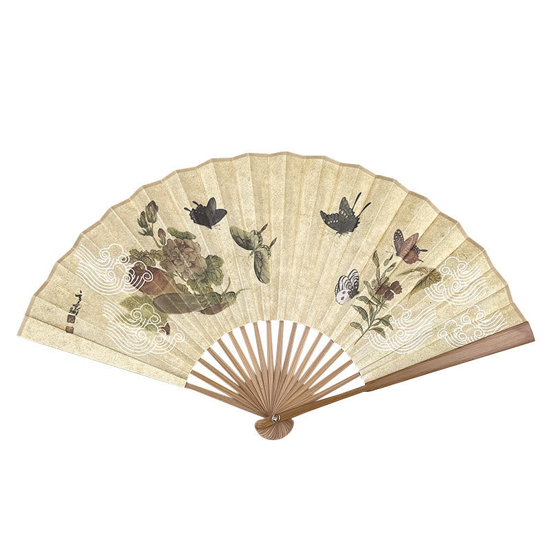 Nimara Ritual Butterfly Cat Flower Handheld Cotton Linen Fabric Bamboo Folding Fan