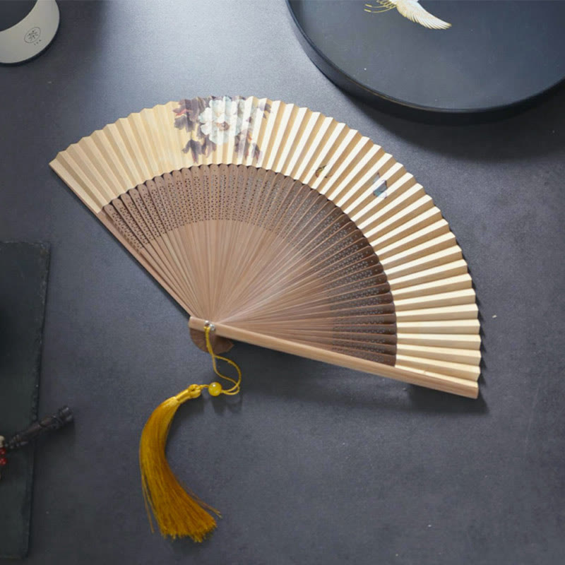 Nimara Ritual Lotus Dragonfly Peony Butterfly Handheld Paper Bamboo Folding Fan 22.5cm