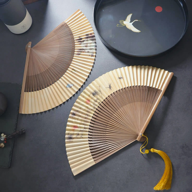 Nimara Ritual Lotus Dragonfly Peony Butterfly Handheld Paper Bamboo Folding Fan 22.5cm