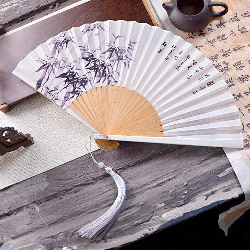 Nimara Ritual Chinese Characters Ink Painting Lotus Flower Leaf Landscape Handheld Huayao Crepe Polyester Bamboo Folding Fan 23.3cm
