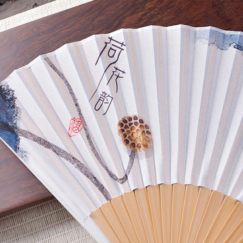 Nimara Ritual Chinese Characters Ink Painting Lotus Flower Leaf Landscape Handheld Huayao Crepe Polyester Bamboo Folding Fan 23.3cm