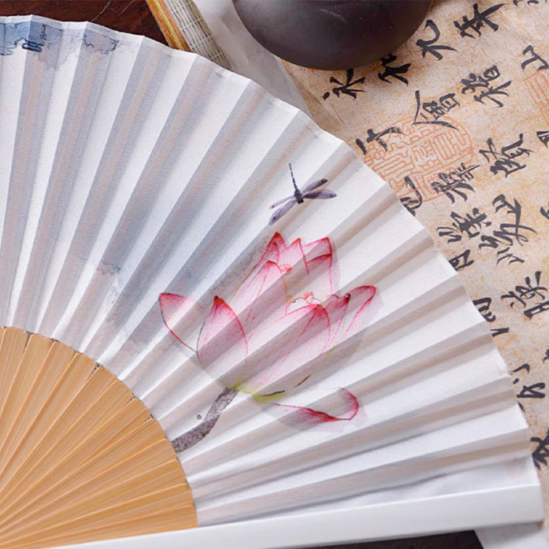 Nimara Ritual Chinese Characters Ink Painting Lotus Flower Leaf Landscape Handheld Huayao Crepe Polyester Bamboo Folding Fan 23.3cm