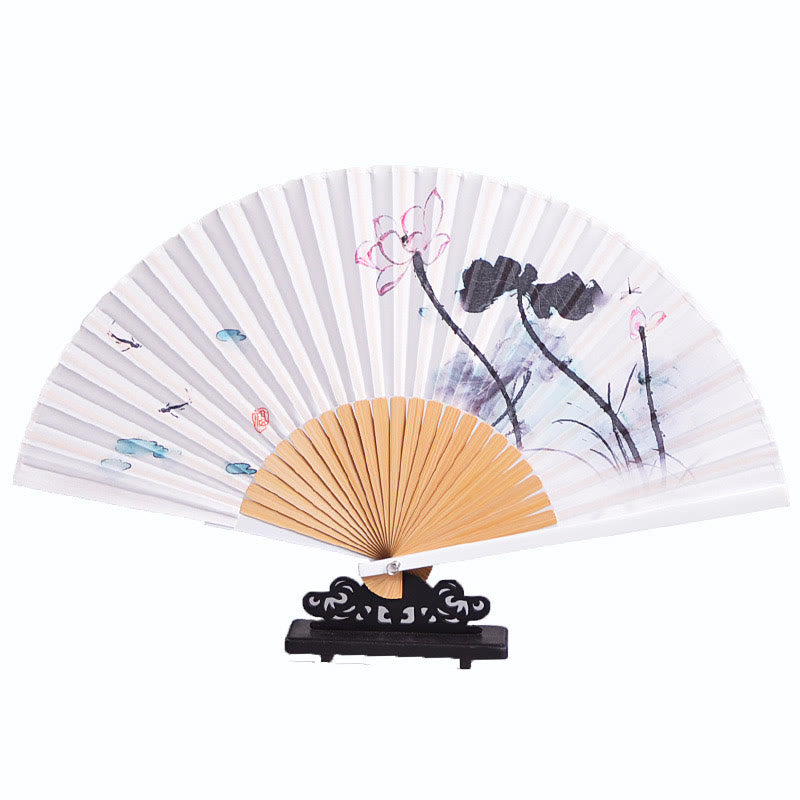 Nimara Ritual Chinese Characters Ink Painting Lotus Flower Leaf Landscape Handheld Huayao Crepe Polyester Bamboo Folding Fan 23.3cm