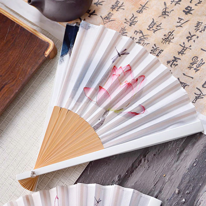 Nimara Ritual Chinese Characters Ink Painting Lotus Flower Leaf Landscape Handheld Huayao Crepe Polyester Bamboo Folding Fan 23.3cm