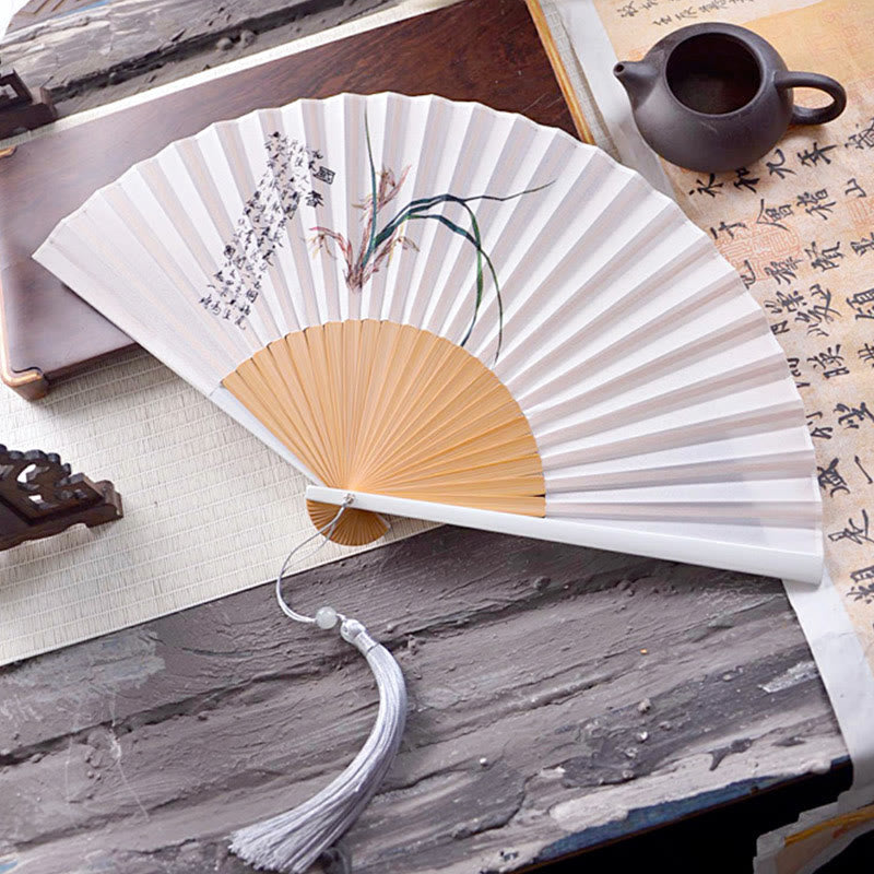 Nimara Ritual Chinese Characters Ink Painting Lotus Flower Leaf Landscape Handheld Huayao Crepe Polyester Bamboo Folding Fan 23.3cm