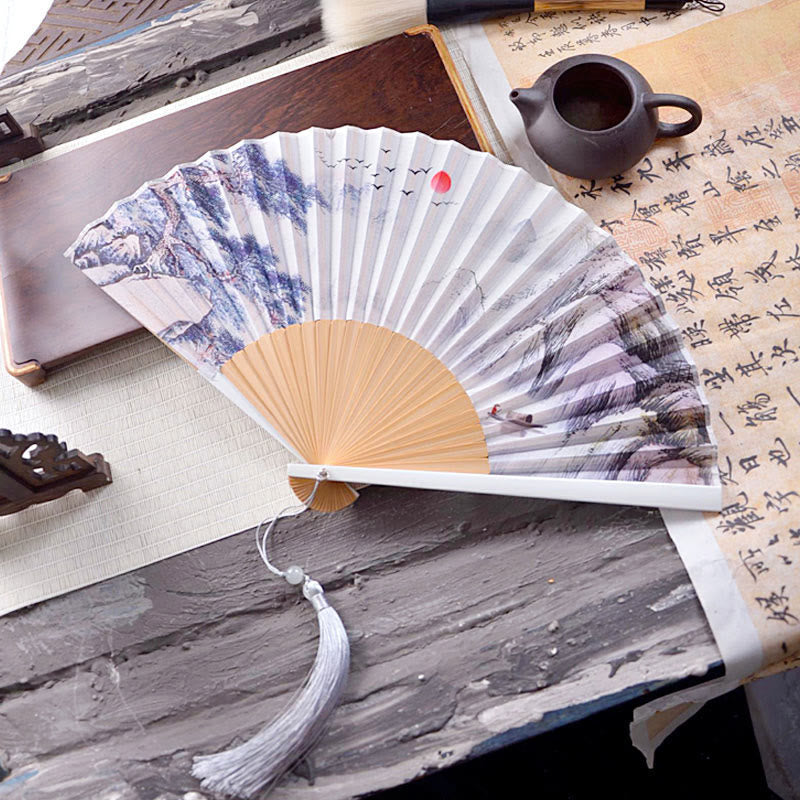 Nimara Ritual Chinese Characters Ink Painting Lotus Flower Leaf Landscape Handheld Huayao Crepe Polyester Bamboo Folding Fan 23.3cm