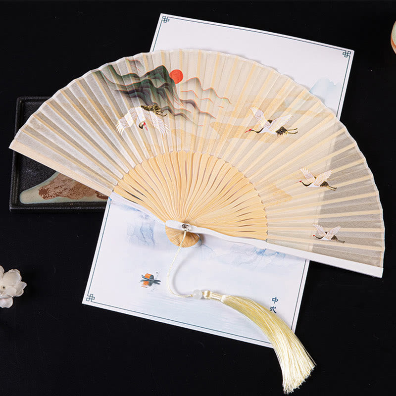 Nimara Ritual Cranes Auspicious Clouds Solid Color Gradient Handheld Bamboo Folding Fan