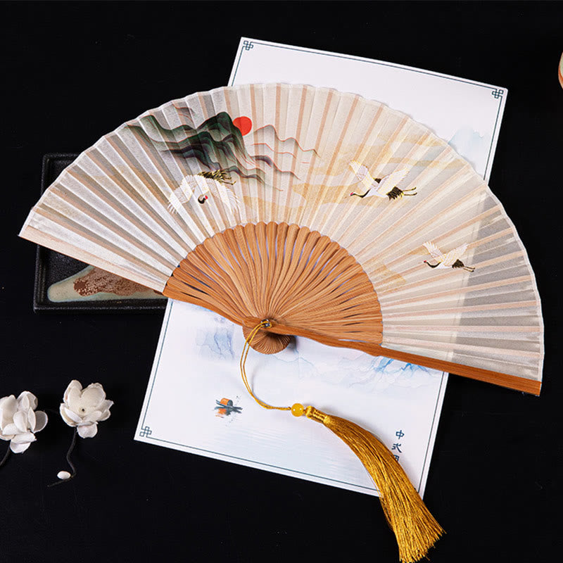 Nimara Ritual Cranes Auspicious Clouds Solid Color Gradient Handheld Bamboo Folding Fan
