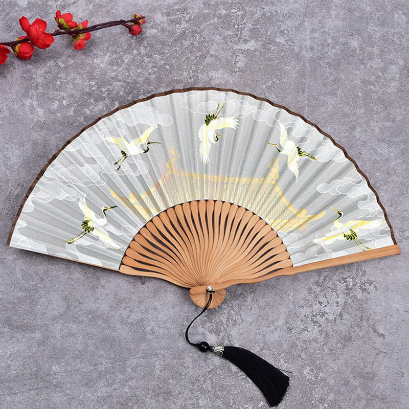 Nimara Ritual Cranes Auspicious Clouds Solid Color Gradient Handheld Bamboo Folding Fan