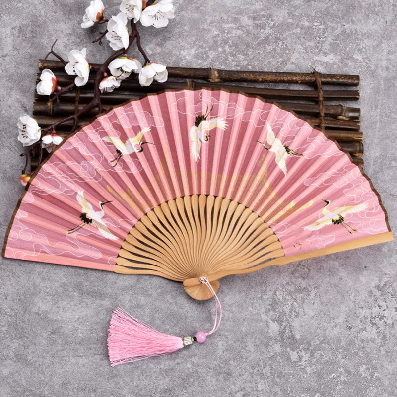 Nimara Ritual Cranes Auspicious Clouds Solid Color Gradient Handheld Bamboo Folding Fan