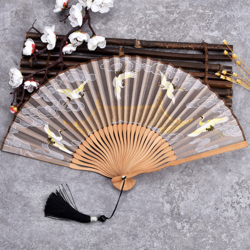 Nimara Ritual Cranes Auspicious Clouds Solid Color Gradient Handheld Bamboo Folding Fan