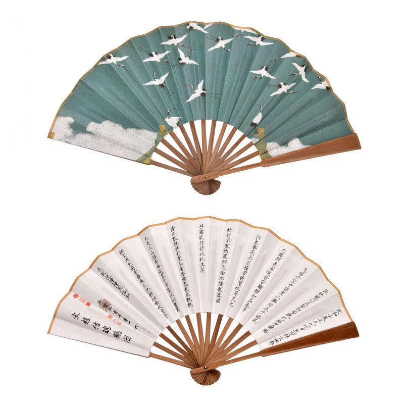 Nimara Ritual Cranes Auspicious Clouds Solid Color Gradient Handheld Bamboo Folding Fan