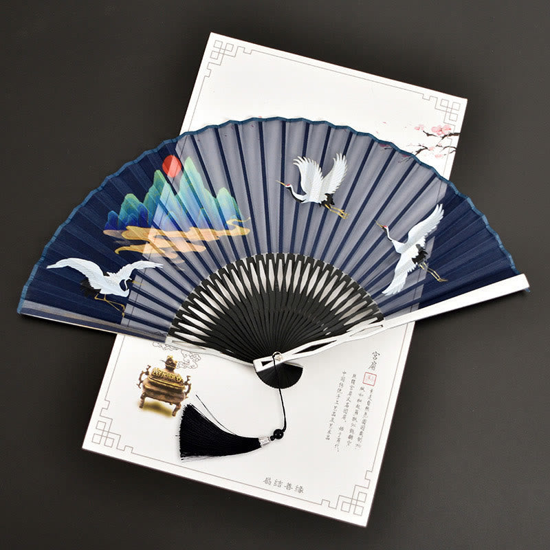 Nimara Ritual Cranes Auspicious Clouds Solid Color Gradient Handheld Bamboo Folding Fan