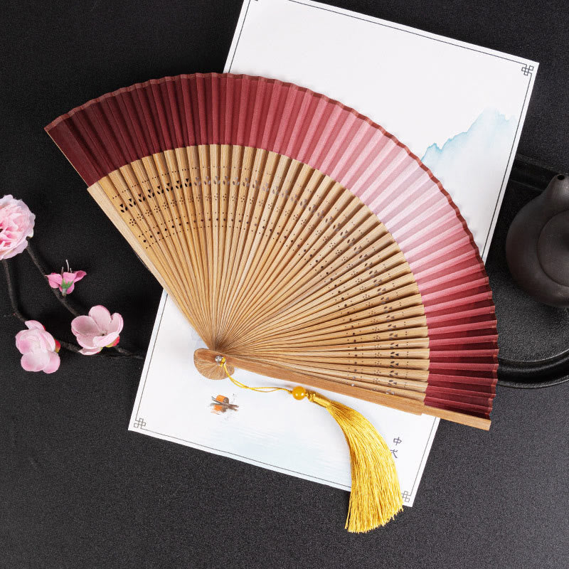 Nimara Ritual Cranes Auspicious Clouds Solid Color Gradient Handheld Bamboo Folding Fan