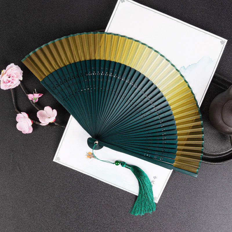 Nimara Ritual Cranes Auspicious Clouds Solid Color Gradient Handheld Bamboo Folding Fan