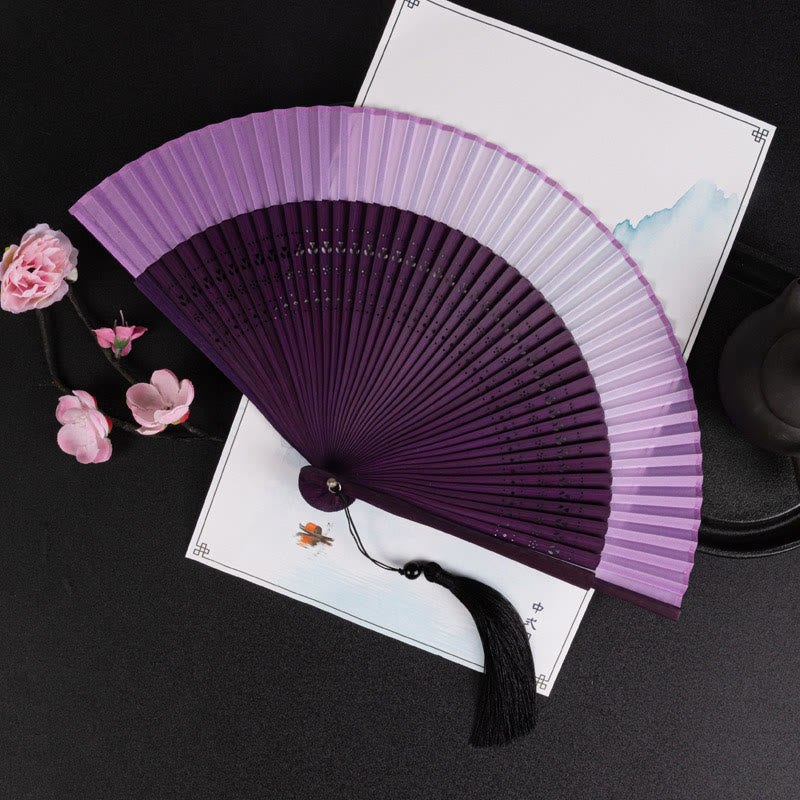 Nimara Ritual Cranes Auspicious Clouds Solid Color Gradient Handheld Bamboo Folding Fan