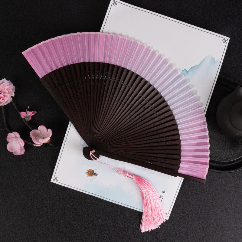 Nimara Ritual Cranes Auspicious Clouds Solid Color Gradient Handheld Bamboo Folding Fan