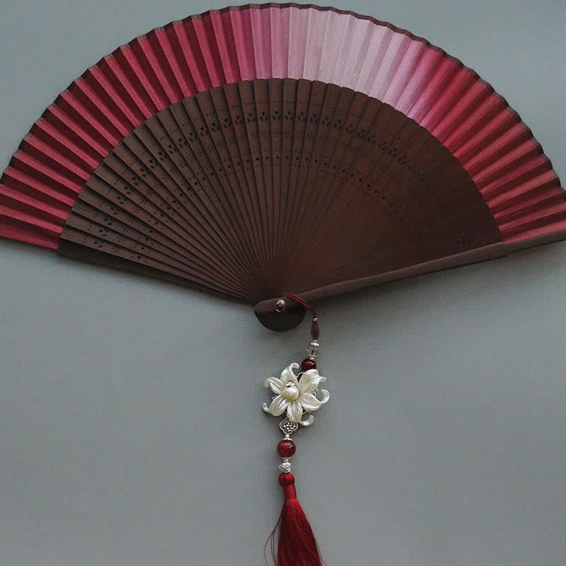 Nimara Ritual Red Lily Tassel Hollow Rib Silk Handheld Bamboo Folding Fan