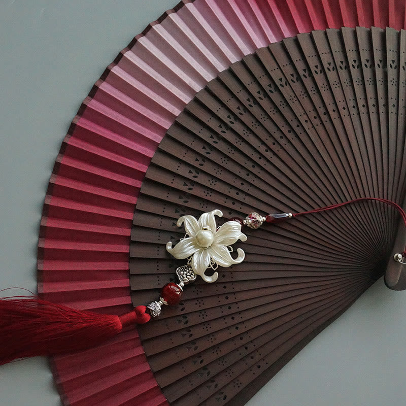 Nimara Ritual Red Lily Tassel Hollow Rib Silk Handheld Bamboo Folding Fan