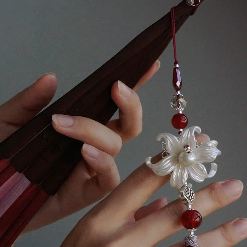 Nimara Ritual Red Lily Tassel Hollow Rib Silk Handheld Bamboo Folding Fan
