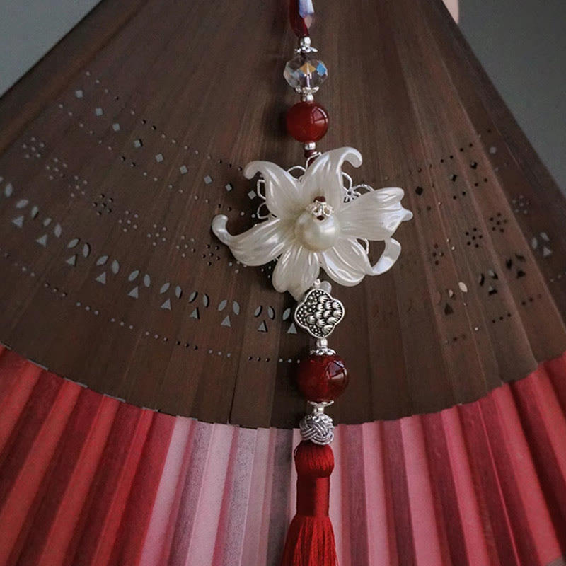 Nimara Ritual Red Lily Tassel Hollow Rib Silk Handheld Bamboo Folding Fan