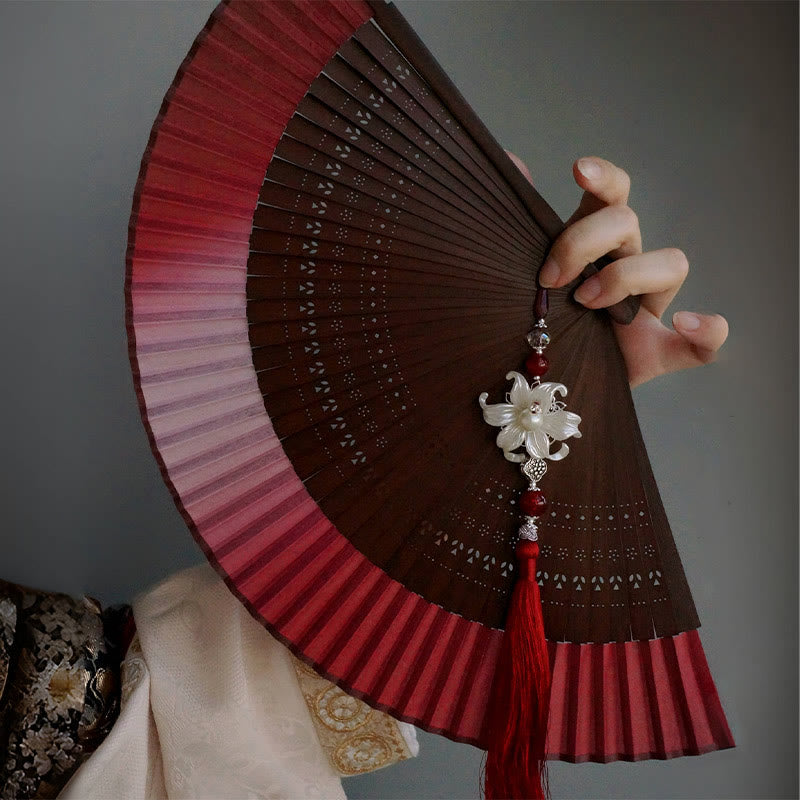 Nimara Ritual Red Lily Tassel Hollow Rib Silk Handheld Bamboo Folding Fan