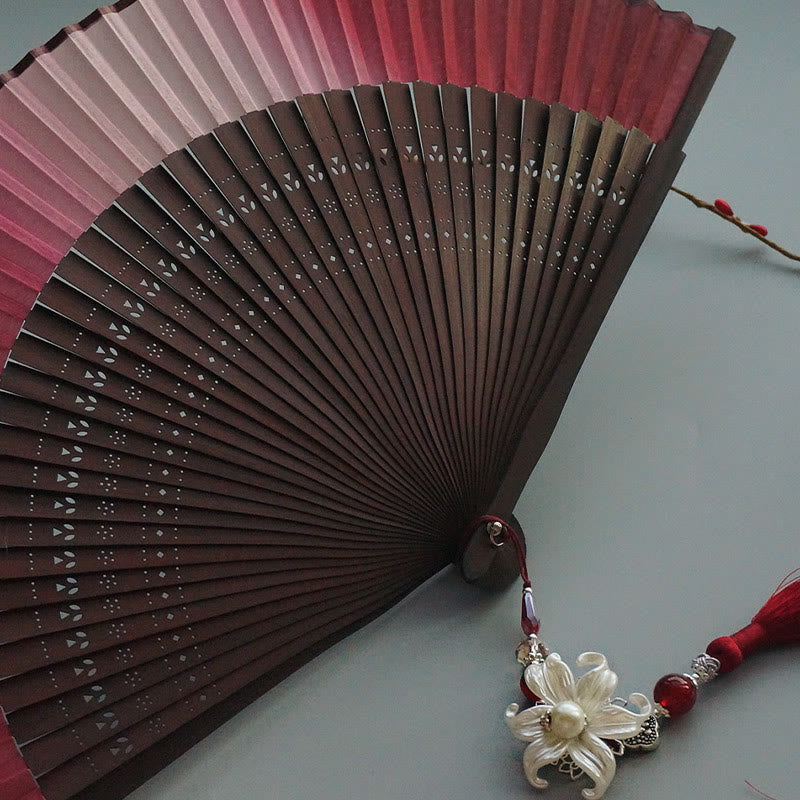 Nimara Ritual Red Lily Tassel Hollow Rib Silk Handheld Bamboo Folding Fan