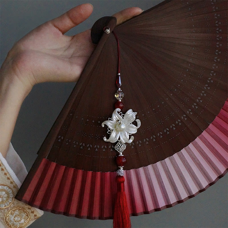 Nimara Ritual Red Lily Tassel Hollow Rib Silk Handheld Bamboo Folding Fan