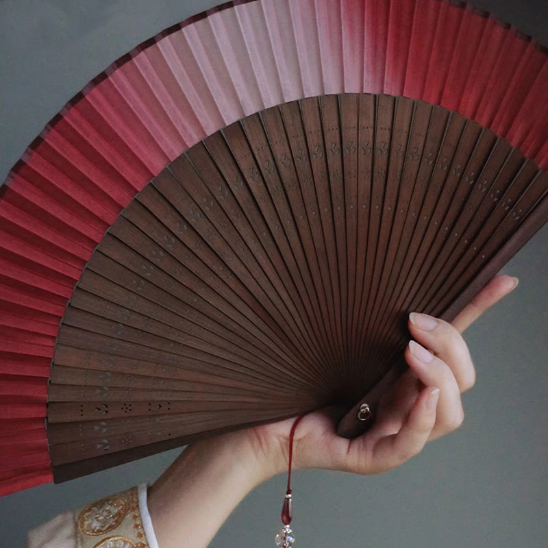 Nimara Ritual Red Lily Tassel Hollow Rib Silk Handheld Bamboo Folding Fan