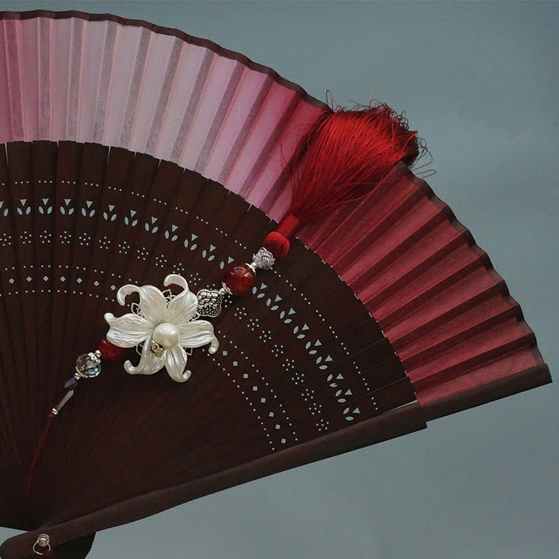 Nimara Ritual Red Lily Tassel Hollow Rib Silk Handheld Bamboo Folding Fan