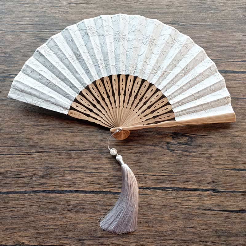 Nimara Ritual Solid Color Hollow Flowers Embroidery Cotton Fabric Handheld Bamboo Folding Fan